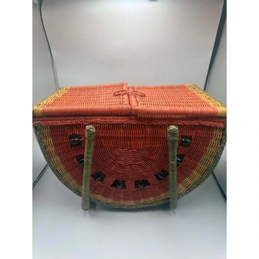 Vintage Wicker Watermelon Picnic Basket Fruit Print Lining Summer Tote Bag